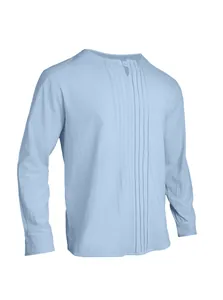 Detailed view of light blue linen henley shirt with pleated front design for men.