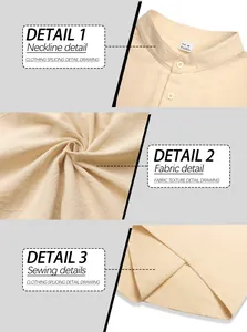 Detailed views of men's linen henley shirt showing neckline, fabric texture and sewing