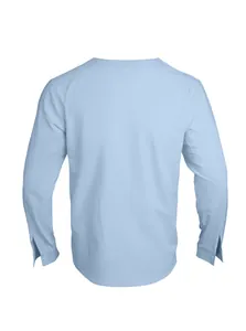 Back view of a light blue long sleeve linen shirt for men showing texture and cuff detail.