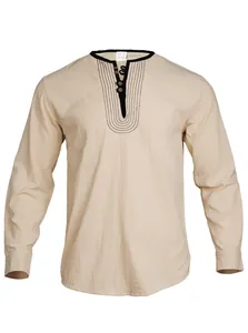 Detailed close-up of men's linen Henley t-shirt with black decorative embroidery