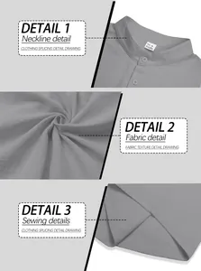 Close-up details of men's linen blend Henley shirt showing neckline and fabric texture.