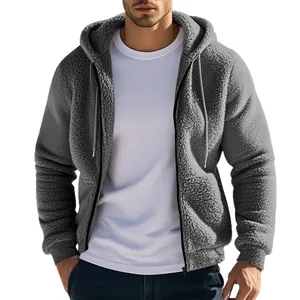 Mens grey sherpa fleece hoodie zip-up jacket for autumn and winter warmth