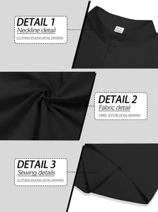 Detailed views of a black men's linen Henley shirt showing neckline and fabric texture