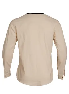 Back view of a classic beige men's breathable linen long-sleeved casual shirt style