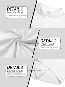 Close-up of white linen Henley shirt neckline, fabric texture, and sewing details.