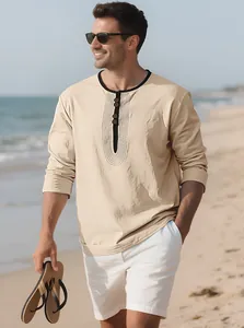 Men's linen long-sleeve Henley shirt shown in a relaxed beach setting for a casual lifestyle.