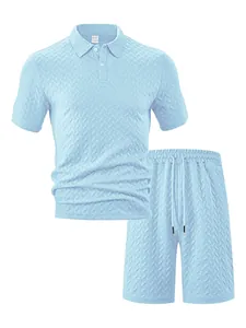 Macro view of men's summer casual set showing the intricate jacquard textured fabric