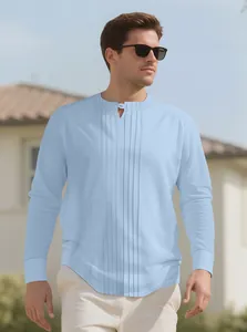 Men's light blue long sleeve pleated Henley shirt with unique round neck detail