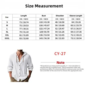 Detailed size chart for men's linen hooded long sleeve button-down casual shirt