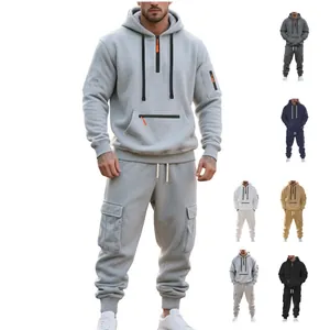 Survêtement Homme Deux Pièces Sweat à Capuche Et Pantalon Cargo Couleur Unie Chaud Haut Et Bas