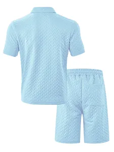 Detailed back view of men's light blue leisure set with textured chevron jacquard pattern
