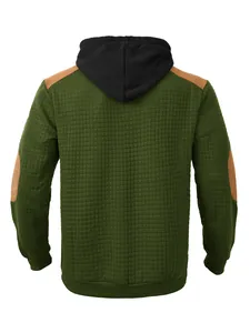 Back view of a green waffle knit men's hooded sweatshirt with brown elbow patches