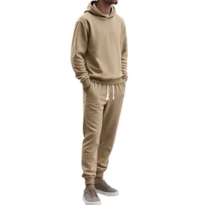 Men's stylish khaki jacquard knit tracksuit set with hooded sweatshirt and joggers
