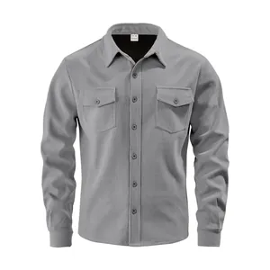 Men's classic gray corduroy long sleeve shirt jacket with dual chest pockets for autumn