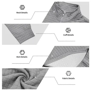 Vues détaillées du sweat-shirt gris à demi-zip pour hommes avec motif jacquard à carreaux