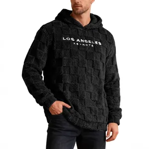 Men's winter black plush hoodie with checkerboard texture and Los Angeles print