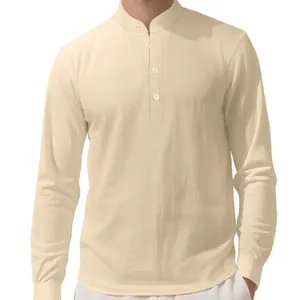 Men's slim-fit linen long-sleeve Henley shirt with mandarin collar in beige