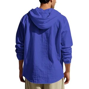 Detailed back view of a men's casual royal blue linen hooded long-sleeved shirt