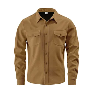 Men's khaki corduroy work jacket with buttoned chest pockets and collar