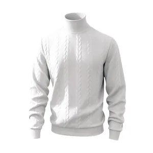 Dettaglio di un maglione a collo alto bianco da uomo con motivo a trecce intrecciate