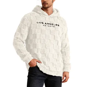 Men's white plush hooded sweatshirt with Los Angeles text and checkered texture