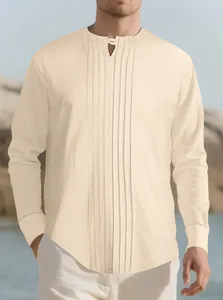 Premium cream linen long sleeve Henley shirt featuring elegant vertical pleats detail