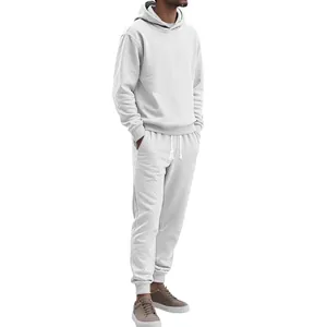 Men's white jacquard knit hooded tracksuit set with textured long sleeve and joggers