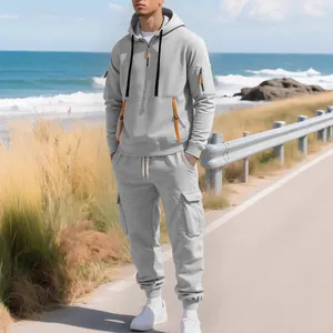Stylish grey hooded tracksuit with cargo joggers for men outdoor autumn winter sports
