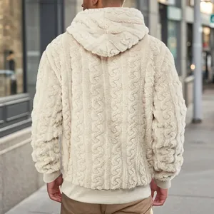 Macro view of off-white men's textured jacquard fleece hoodie showing back details.