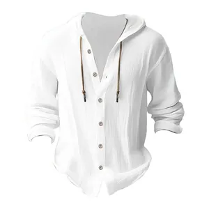 Detailed macro view of a white linen hooded long sleeve button down casual shirt for men