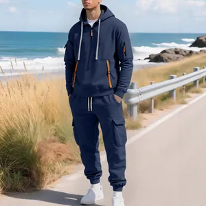 Navy blue men's hooded tracksuit set with orange zipper details for outdoor sports