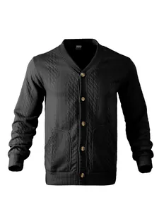 Close-up of a men's black V-neck jacquard cardigan featuring textured fabric and front buttons