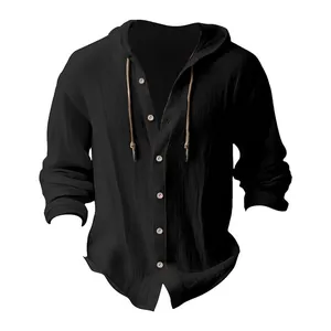 Close-up detail showing the texture of a black casual linen hooded long sleeve shirt