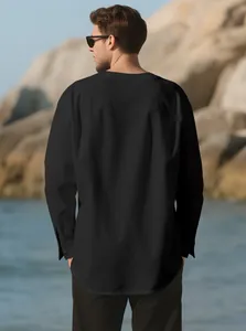 Back view of men's casual black linen long sleeve Henley shirt with round neck design