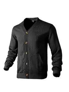 Detailed macro view of textured knit pattern and button closure on men's vintage cardigan
