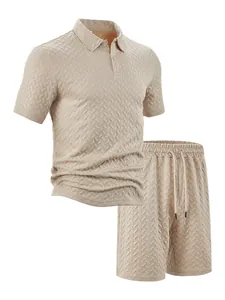Detailed view of men's beige jacquard polo and shorts set with herringbone texture.