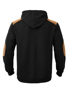Detailed back view of men's black grid-textured hooded sweatshirt with brown shoulder patches