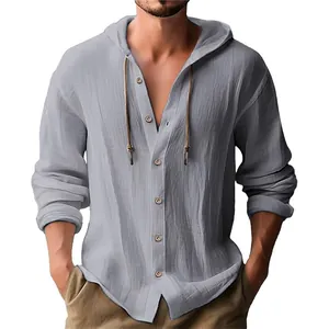 Men's casual light grey linen hooded long sleeve button-up shirt with drawstring detail