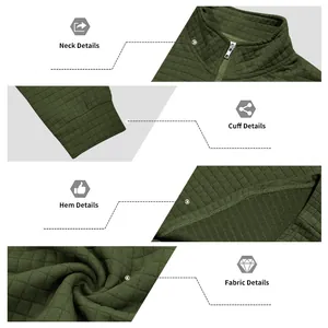 Vues détaillées du sweat-shirt à col zippé vert olive pour homme montrant la texture