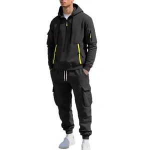 Men's grey tracksuit set with half-zip hoodie and cargo pants for outdoor sports