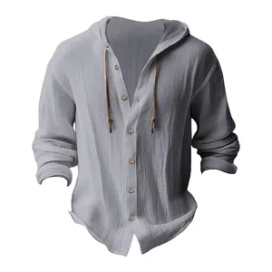Grey hooded linen shirt detail showing rustic fabric texture and button closure design