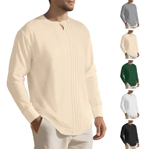 Men's linen long sleeve Henry shirt with vertical pleats and round neck in multiple colors