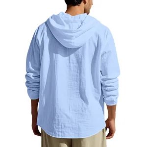 Back view of a men's light blue long sleeve linen hooded shirt for casual wear.