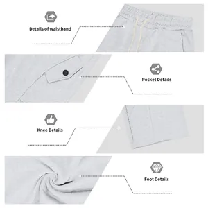 Viste dettagliate dei pantaloni sportivi grigi con vita, tasca, ginocchio e fondo