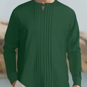 Men's dark green long-sleeve linen Henley shirt with vertical pleated stripes.