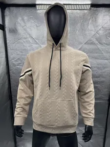 Men's khaki heavy jacquard cable knit hooded sweatshirt with striped sleeve details