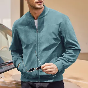 Detail of men's teal suede bomber jacket with ribbed collar and zipper closure.