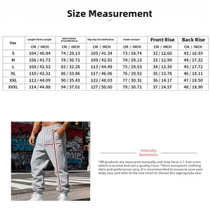 Detailed size chart for heavy-duty men's grey sweatpants with measurement data.