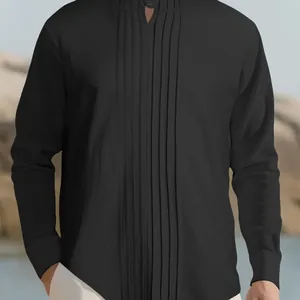 Classic men's black long sleeve linen Henry shirt featuring elegant pleated front detail