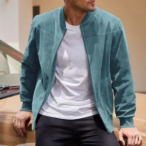 Premium men's teal suede bomber jacket featuring a stand collar and front zipper closure detail